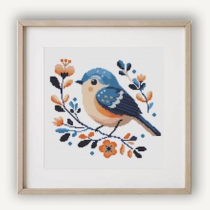 Vogelkruissteekpatroon met bloemen, schattige sialia met bloemen, mini kleine bloemenvogel, eenvoudig te tellen x-steek, Instant pdf-download
