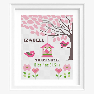 Padrão de ponto cruz para anúncio de nascimento em PDF – Nome e data personalizados do bebê, árvore rosa com pássaros, flores, decoração personalizada para berçário.