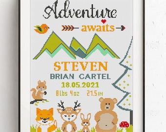Woodland Baby Birth Announcement Cross Stitch Pattern, Customizable Birth Record Embroidery PDF, Modern Girl Boy Animal Nursery Decor Gift