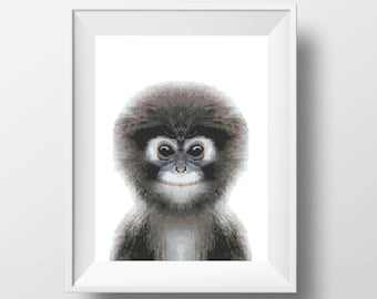 Monkey cross stitch pattern Baby monkey funny portrait Nursery room decor Little monkey Counted easy cross stitch PDF instant download