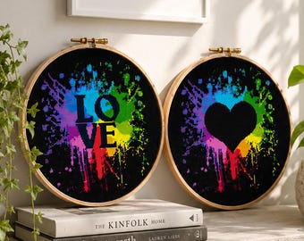 Kleurrijk hart kruissteekpatroon, regenboogplons, liefdessilhouet Modern doe-het-zelf interieur, pdf-bestand direct te downloaden