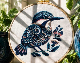 Floral bird Cross Stitch Pattern, Blue Kingfisher with Flowers, Folk Art Bird Embroidery, Small Counted X-Stitch, Instant Download PDF