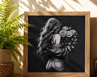 Girl with rose cross stitch pattern, Woman and flowers, Floral bouquet, Red roses point de croix, Monochrome easy x-stitch, Instant download