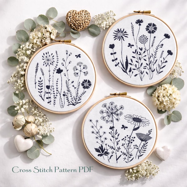 Wildflower Cross Stitch Pattern, Set of 3 Wildflower monochrome embroidery, Floral Design, Digital Instant download PDF