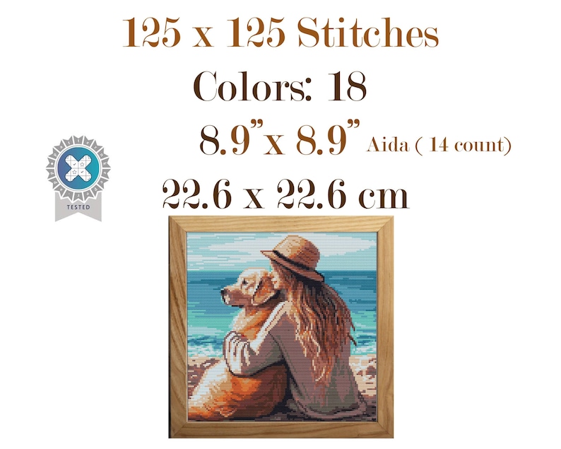 May include: Cross-stitch pattern of a woman and a golden retriever dog on a beach, framed in wood. The pattern is 8.9" x 8.9" (22.6 x 22.6 cm) with 125 x 125 stitches and 18 colors. The text reads "125 x 125 Stitches Colors: 18 8.9" x 8.9" Aida (14 count) 22.6 x 22.6 cm".