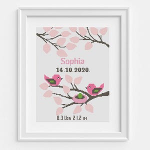 Birth announcement modern cross stitch pattern, Girl nursery decor, DIY birth sampler, counted Embroidery pattern, Instant download PDF