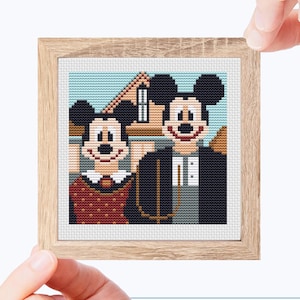 Funny mini American Gothic cross stitch pattern, Funny Mouses, Tiny Grant Wood famous painting, Modern x-stitch art, Instant download