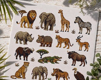 Safari Animal Cross Stitch Pattern, Lion Elephant Giraffe Zebra Rhino Hippo Cheetah Impala Buffalo Crocodile Leopard, African Wildlife Decor