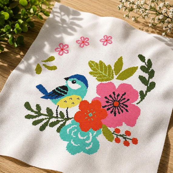 フランス 蚤の市 刺繍入り テーブルクロス 鳥 クロスステッチ フランス