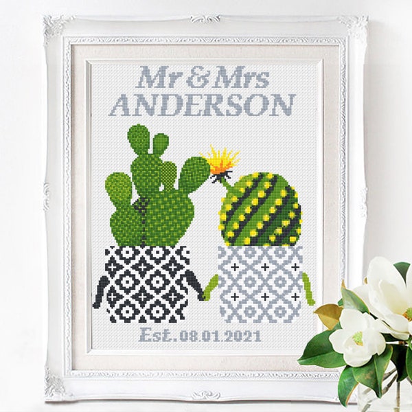 Wedding modern cross stitch pattern Personalized counted cross stitch chart Customizable DIY gift Funny wedding cacti Printable PDF pattern