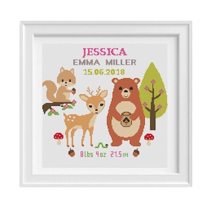 Geburtsanzeige Kreuzstichmuster, lustige Kinderzimmer Dekoration mit Fuchs, Hirsch, Bär, DIY neues Baby Geschenk, Mädchen, moderne Kinderstickerei, Digital