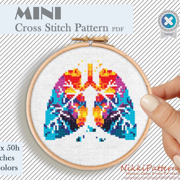 Lungs mini cross stitch pattern Human Anatomy cross stitch Tiny cross stitch Science cross stitch chart Beginner Funny cross stitch PDF