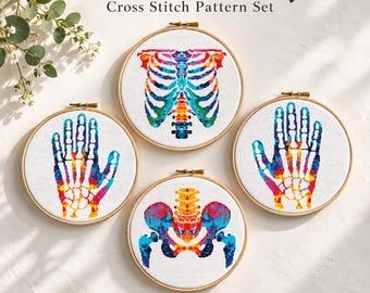 Anatomisch kruissteekpatroon, Heup, hand en ribben kruissteek, Grappig anatomisch kruissteekpatroon, Menselijk lichaam borduurwerk PDF, Direct te downloaden