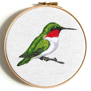 Hummingbird cross stitch pattern PDF. Easy bird design, small animal embroidery, nature art, instant download.