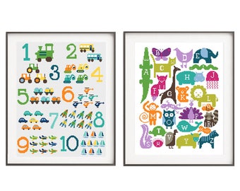 Nursery cross stitch pattern Alphabet number set Baby counted cross stitch Embroidery sampler Animal pdf pattern Car Tractor Train Elephant