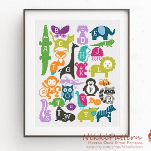 Baby cross stitch pattern Animal Alphabet embroidery PDF pattern Baby shower DIY gift Wild animal Nursery decor Easy cross stitch Elephant