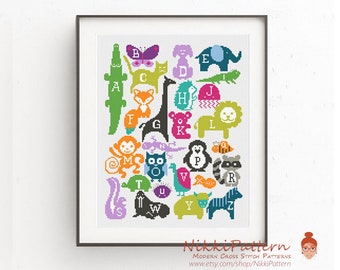 Baby cross stitch pattern Animal Alphabet embroidery PDF pattern Baby shower DIY gift Wild animal Nursery decor Easy cross stitch Elephant