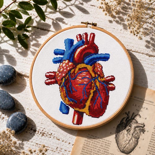 Anatomical heart cross stitch pattern, Human heart embroidery, Anatomy sampler, Human body embroidery, Scary x-stitch PDF
