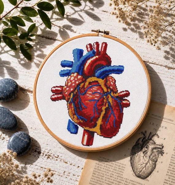 解剖学的ハートのクロスステッチパターン、人間のハートの刺繍、解剖学