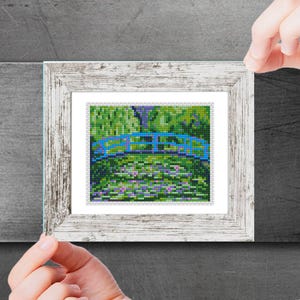 A cross stitch pattern of The Japanese Footbridge by  Claude Monet  painting. The pattern is 50 stitches wide and 60 stitches high. The pattern is made with 11 colors. The text 'MINI Cross Stitch Pattern PDF' is at the top of the image. The text '50w x 60h Stitches' and '15 Colors' is on the right side of the image. The text 'Nikki Pattern MODERN CROSS STITCH PATTERNS www.etsy.com/shop/Nikki Pattern' is at the bottom of the image.