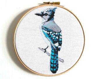 Bird cross stitch pattern PDF, Blue Jay, nature art, easy modern embroidery design, digital download