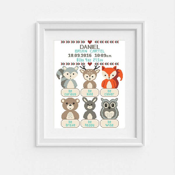 Birth Announcement modern cross stitch pattern, Girl Boy nursery, DIY new baby gift, counted cross stitch PDF