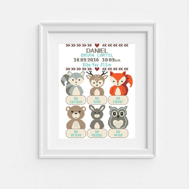 Birth Announcement modern cross stitch pattern, Girl Boy nursery, DIY new baby gift, counted cross stitch PDF image 1