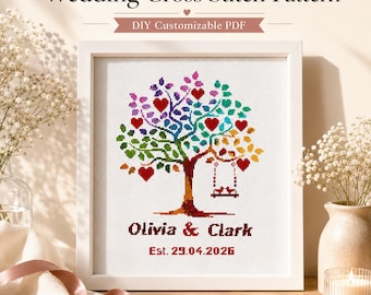 Patrón de punto de cruz en PDF del Árbol de Boda Arcoíris, personalizable con nombres y fecha, alfabeto incluido.