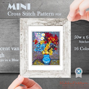 Mini Cross Stitch Pattern ART - Flowers in a Blue Vase by Vincent van Gogh Famous painting cross stitch PDF pattern Small Tiny Miniature art