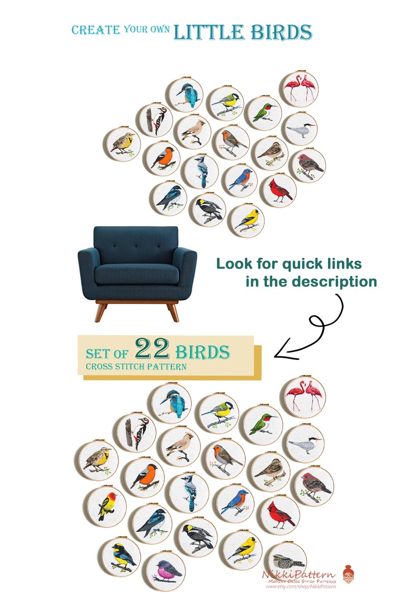 Small bird cross stitch pattern bundle, Robin bird, Kingfishers, Great Tit, cute singing birds counted cross stitch, easy cross stitch PDF image 4