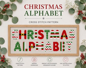 Christmas alphabet cross stitch pattern, Font for making Christmas socks, Personalized Ornaments, Set of 6 design, Santa Claus fonts