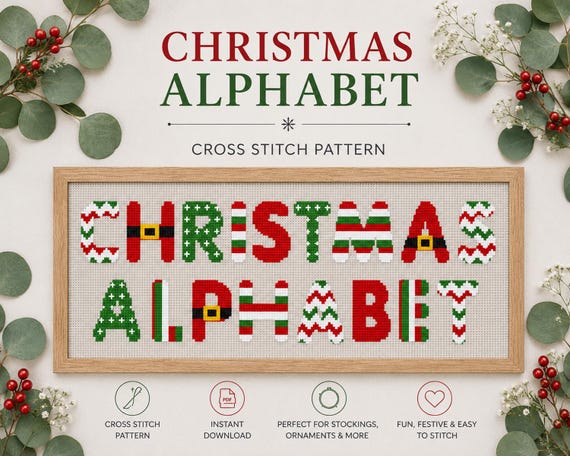 Christmas alphabet cross stitch pattern, Font for making Christmas socks, Personalized Ornaments, Set of 6 design, Santa Claus fonts