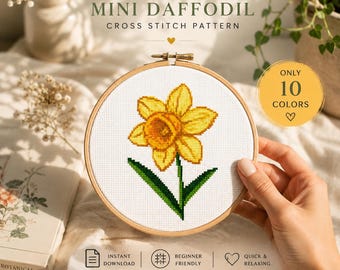 Patrón de punto de cruz de mini narcisos, bordado botánico moderno en PDF, decoración acogedora de primavera (descarga instantánea)