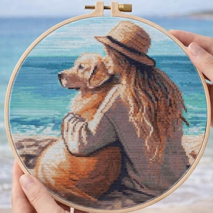 Girl with dog cross stitch pattern, Golden Retriever