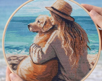Girl with dog cross stitch pattern, Golden Retriever, Woman hugging her dog friend on the beach, Easy Small x-stitch, Instant PDF download