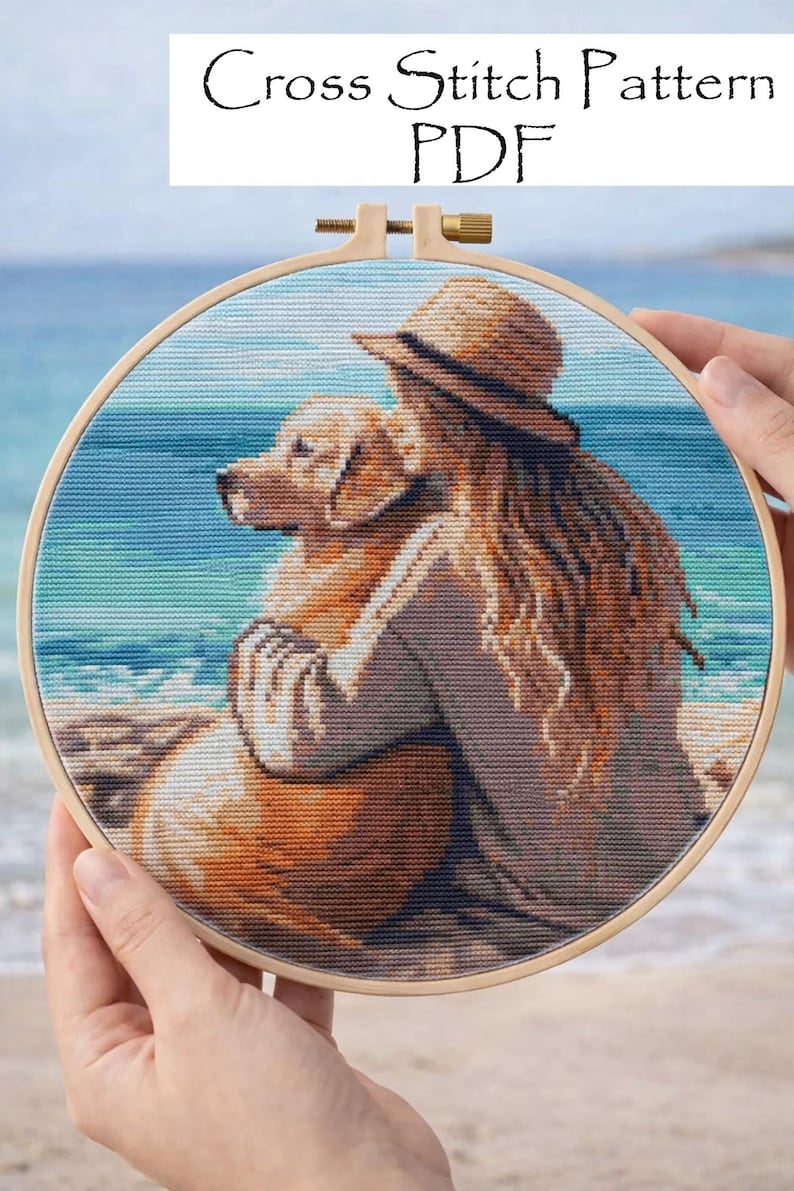 Girl with dog cross stitch pattern, Golden Retriever