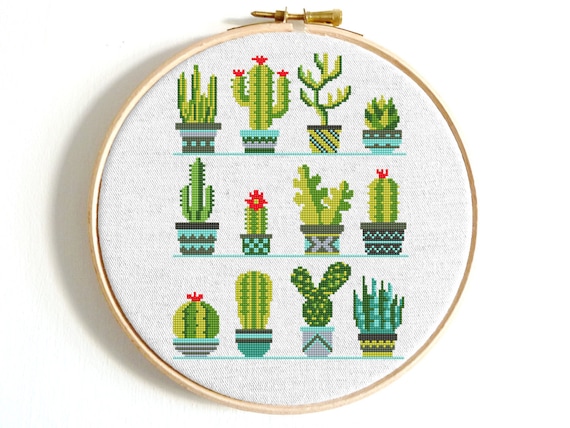 Stamped Cross Stitch for Beginners Pre-Printed Cactus Pattern Aida Cloth 