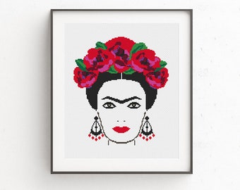 Kit Point De Croix Frida Portrait - Coton 14 Carats, 150x200 Points, 26x37 Cm - Inclus Fil, Aiguille, Diagramme