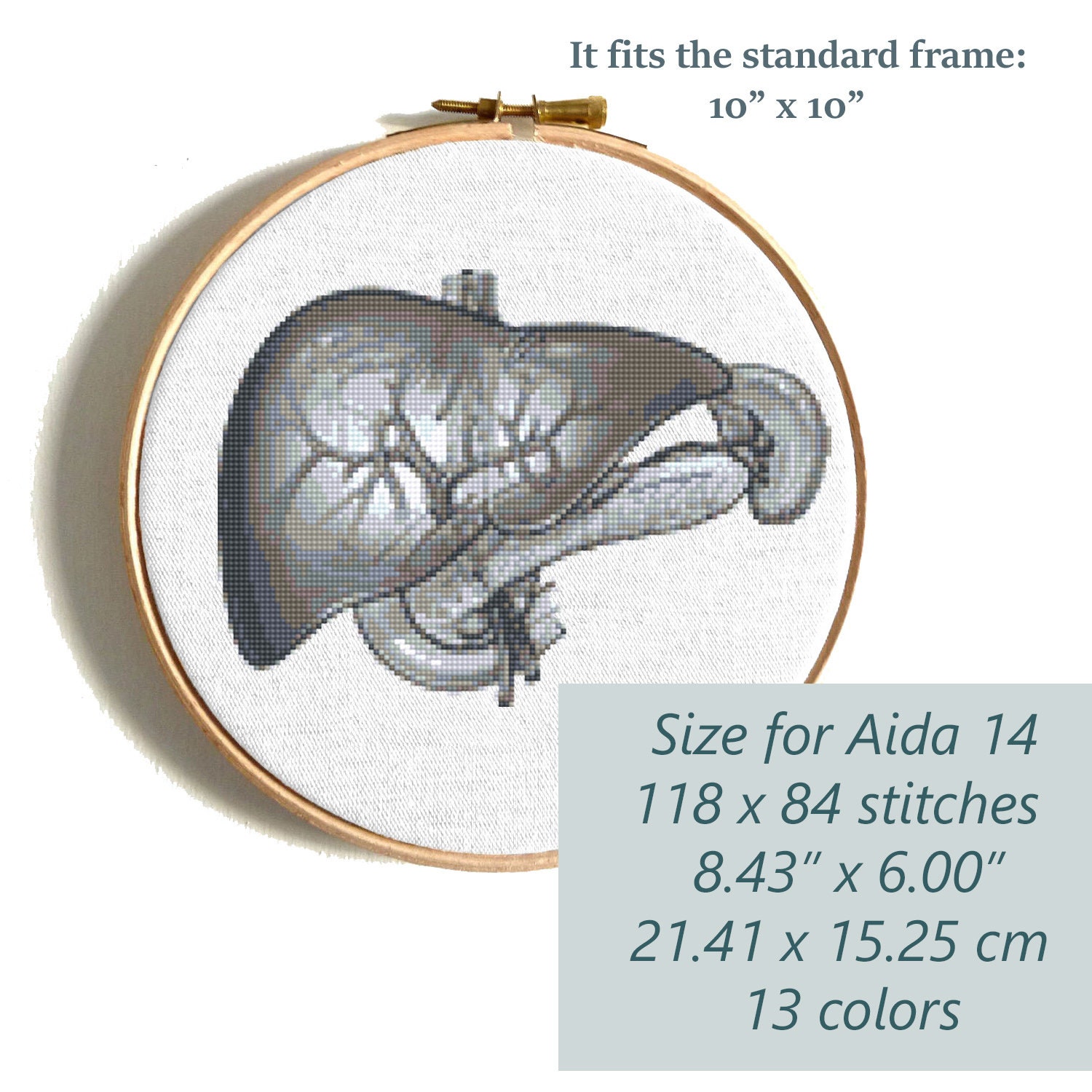 Hígado de cuerpo humano K1085 Kit de punto de cruz contado # 3. hilos,  agujas, tela, aro de bordado y patrón de color impreso en el interior