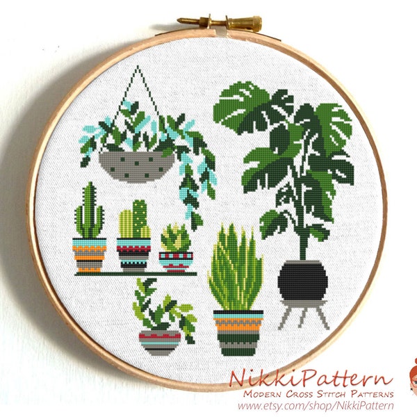 House plants modern cross stitch pattern Potted Flowers Cactus cross stitch Easy cacti cross stitch Succulents Easy pattern Tiny cacti set