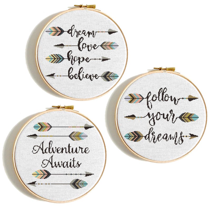 Feather cross stitch pattern Follow your dreams Arrow cross stitch Aztec tribal embroidery sampler Modern Birthday DIY gift Baby shower gift