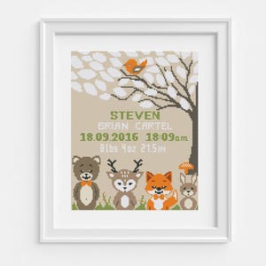 Geburtsanzeige Kreuzstichmuster, lustige Kinderzimmer Dekoration mit Fuchs, Hirsch, Bär, DIY neues Baby Geschenk, Mädchen, moderne Kinderstickerei, Digital