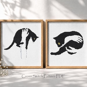 Black Cat Cross Stitch Pattern Set, Modern Embroidery (PDF Download)