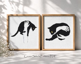 Black Cat Cross Stitch Pattern Set, Modern Embroidery (PDF Download)