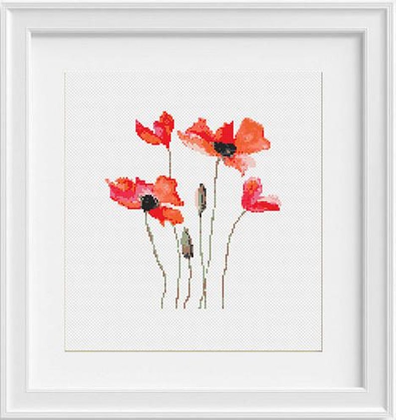 Poppy Cross Stitch Pattern PDF Easy cross stitch Poppies Set 3in1 Modern Embroidery Red poppy cross stitch Floral Natural Art Watercolor image 4