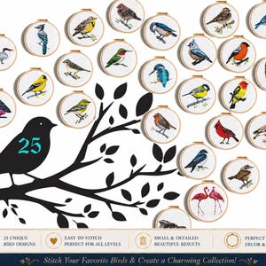 25 Vogel-Kreuzstichmuster-Set | Zählbare Vogel-Stickvorlagen (PDF) | Einfache Designs für Anfänger | Moderne Tierornamente