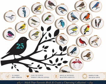 25 Birds Cross Stitch Pattern Bundle | Counted Bird PDF Embroidery Set | Easy Beginner Designs | Modern Animal Ornament Patterns