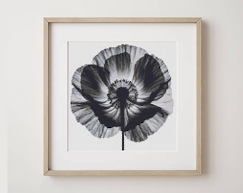 Poppy cross stitch pattern PDF, Monochrome floral, Poppies embroidery, Black poppy x-stitch, Wildflower nature, Digital Instant download