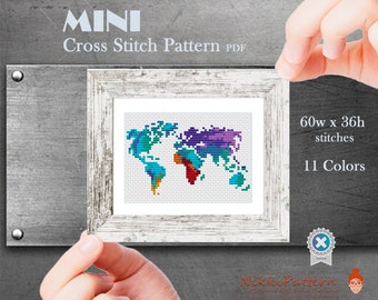 World map mini cross stitch pattern Silhouette of world Watercolor world map Counted cross stitch PDF pattern Instant download