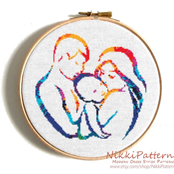 Mother and Dad with baby cross stitch pattern Modern cross stitch PDF pattern Counted cross stitch Instant download